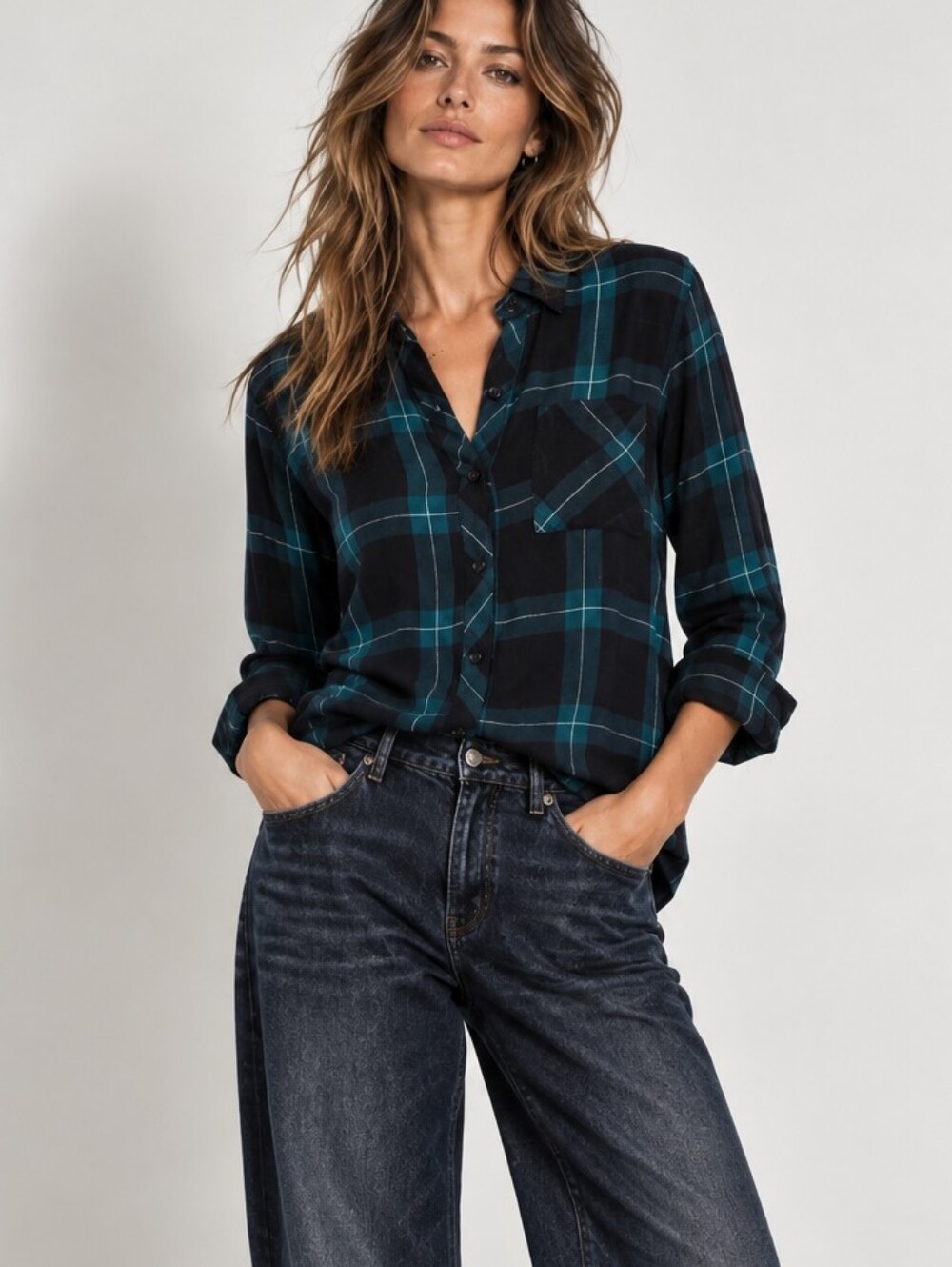 RAILS Hunter Midnight Jade Navy Green Plaid Flannel Button Front Shirt Small